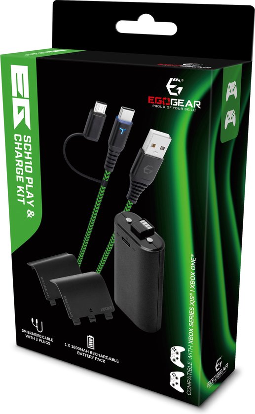 EgoGear laadkit verpakking met batterijpakket, kabel en batterijdeksels.