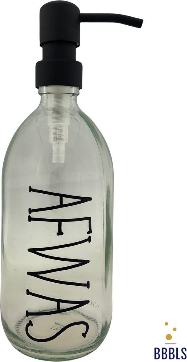 BBBLS Design Dispenser "Afwas" | Transparant Kunststof | 500ml | RVS / Metaal Pomp Zwart | Zeeppomp | Zeepdispenser | Zeephouder