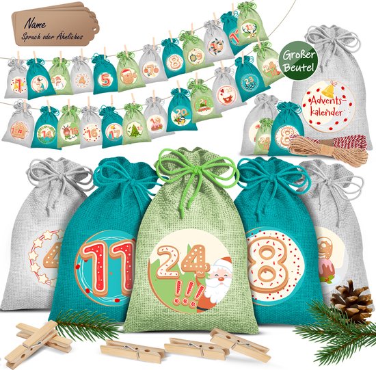 KESSER® Adventskalender om zelf te vullen 24 Jute Zakjes Bedrukte Stoffen Kerst Zakjes Incl. 24x Labels + 1 Grote Stoffen Opbergzak Advent Kalender - Groen / Gekleurd - 14cm x 10cm