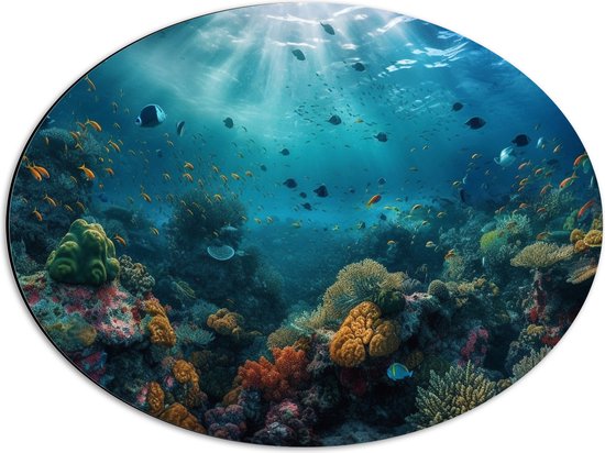 Dibond Ovaal - Oceaan - Zee - Dieren - Vissen - Koraal - Kleuren - 56x42 cm Foto op Ovaal (Met Ophangsysteem)