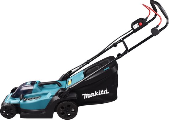 Makita accugrasmaaier, teal met zwarte grasopvangzak.