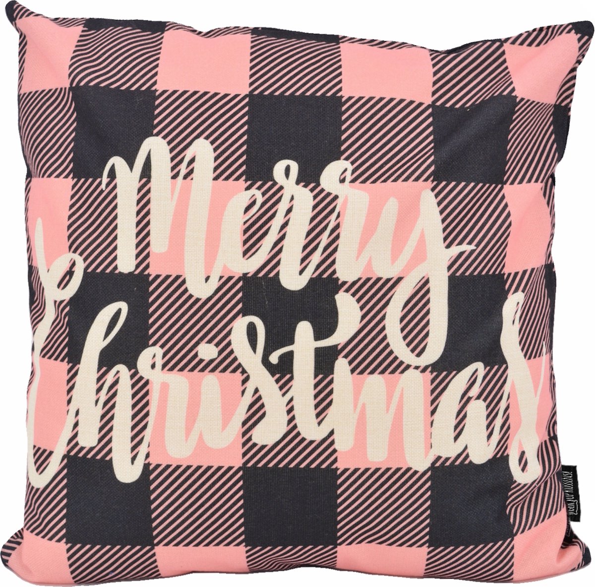Gek op Kussens! Kerst 'Merry Christmas - Pink #1' Kussenhoes | Katoen/Linnen | 45 x 45 cm Roze/Zwart