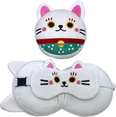 Peluche ronde Maneki Neko Lucky Cat - Oreiller de voyage et masque de sommeil - 3 en 1 pour les enfants - Peluche - Oreillers et masque de sommeil pour les déplacements, l'avion ou la voiture