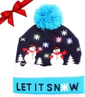 Bonnet de Père Noël LED unisexe adulte avec pompon, bonnet tricoté extensible bleu avec 6 lumières LED, imprimé chutes de neige, bonnet de Père Noël lumineux pour fête de Noël