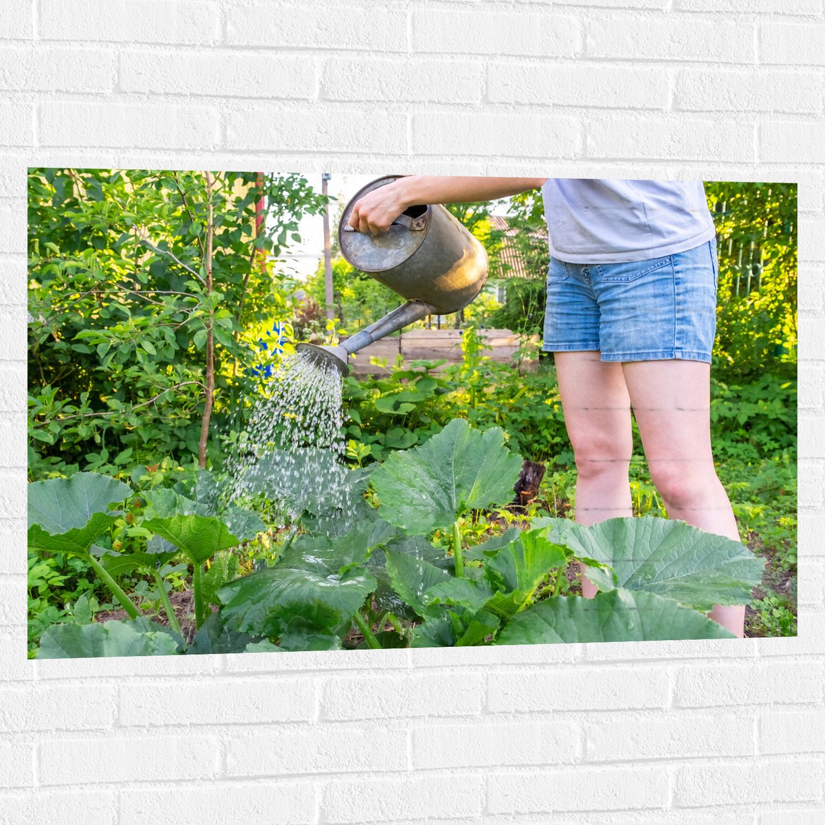 Muursticker - Tuin - Bloemen - Planten - Gieter - Water - Groen - 105x70 cm Foto op Muurst