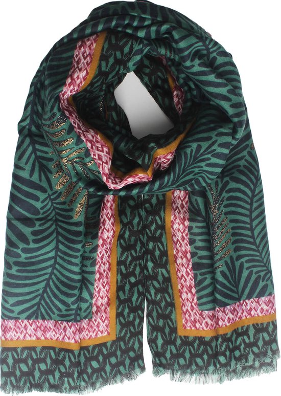 Fiona scarf- Accessories Junkie Amsterdam- Dames sjaal- Katoen- Bladprint- Cosy chic- Groen met gouden glitters