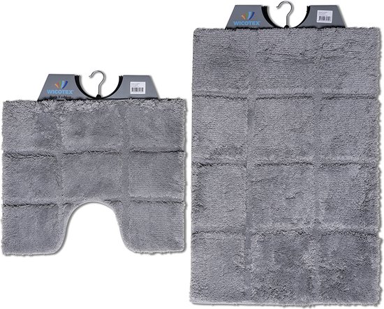 Wicotex -Badmat set met Toiletmat - WC mat met uitsparing ruit Grijs - Antislip onderkant
