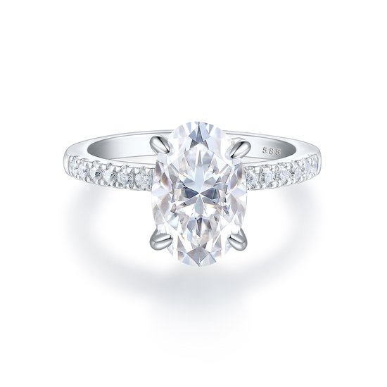 Nina - Platinum Ovaal Moissanite Ring met Pavé Zijstenen - 5.8 karaat.