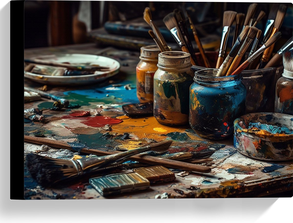 Canvas - Tafel - Verf - Kwasten - Schilderen - Verven -Kunst - Kleuren - 40x30 cm Foto op Canvas Schilderij (Wanddecoratie op Canvas)