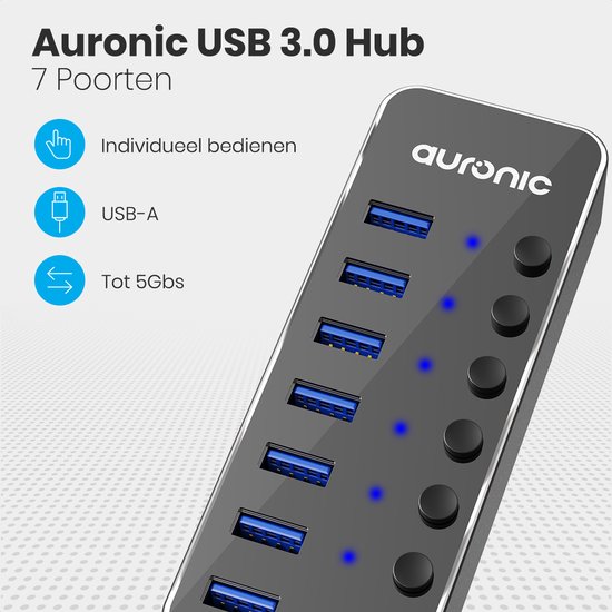 Auronic USB Hub 3.0 - USB Splitter met 7 Poorten - met Voeding - 5 GBPs - Led Indicatie - Zwart - Auronic
