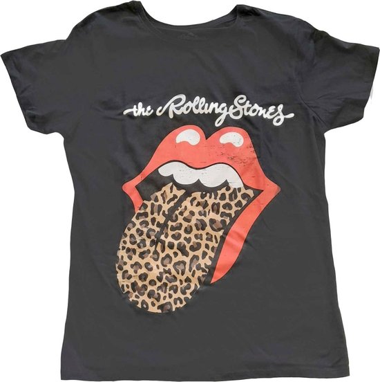 The Rolling Stones - Leopard Print Tongue Dames T-shirt - M - Zwart