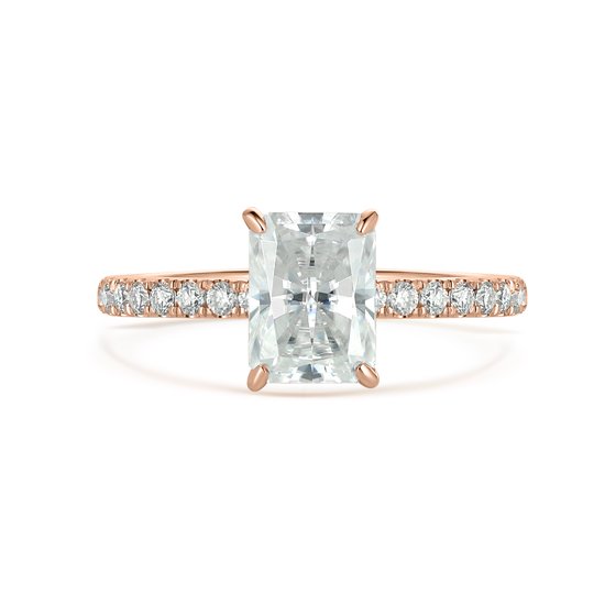 Astra - 14k Roségouden Radiant Moissanite Ring met Pavé Zijstenen & Hidden Halo - 1.8 karaat