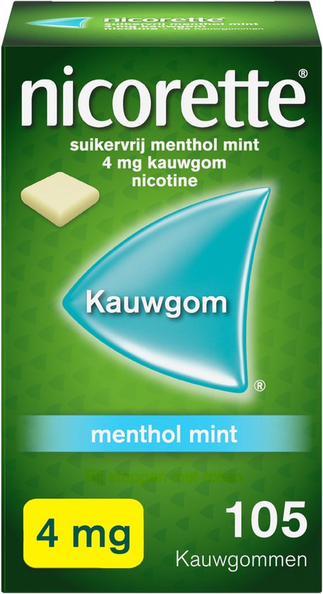 Nicorette Suikervrije Kauwgom Menthol Mint - 4 mg - 1 x 105 stuks - nicotinevervanger - stoppen met roken