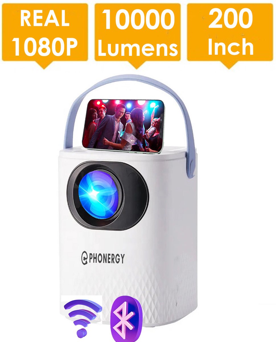 Phonergy Fibropix - Beamer- Mini beamer- Projector - 2024 - Full HD (4K ondersteuning) - 10000 Lumen - HDMI- Wifi - Bluetooth - Wit