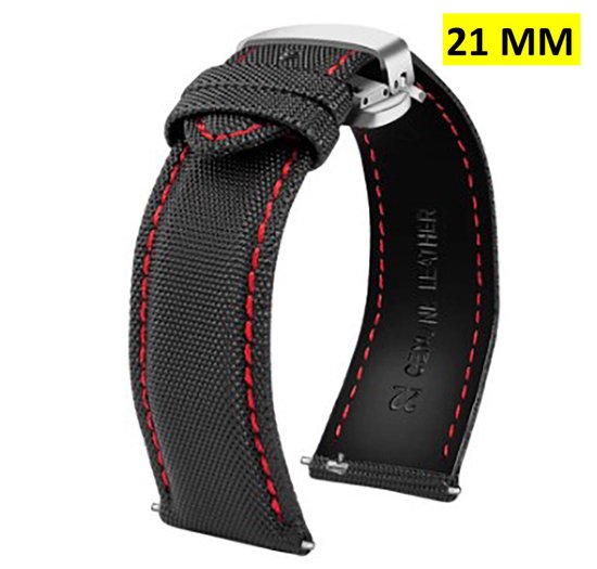 Nylon Horlogeband - Roestvrij Staal - Horlogeband - Zwart Rood - 21MM