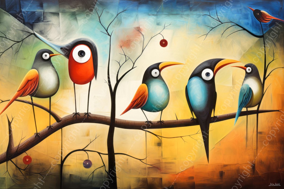 John Joseb Art (Canvas) 120x80 | Vogels op een tak, abstract Picasso, Joan Miro stijl, modern surrealisme, kleurrijk, kunst | dier, blauw, geel, bruin, rood, modern | Foto-Schilderij canvas print (wanddecoratie)