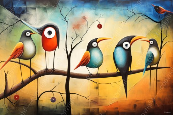 JJ-Art (Canvas) 120x80 | Vogels op een tak, abstract Picasso, Joan Miro stijl, modern surrealisme, kleurrijk, kunst | dier, blauw, geel, bruin, rood, modern | Foto-Schilderij canvas print (wanddecoratie)