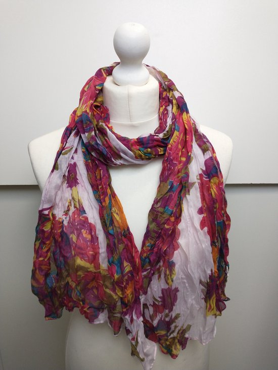 Lange dames sjaal Madelon gebloemd motief wit roze olijfgroen geel rood petrol blauw paars oranje