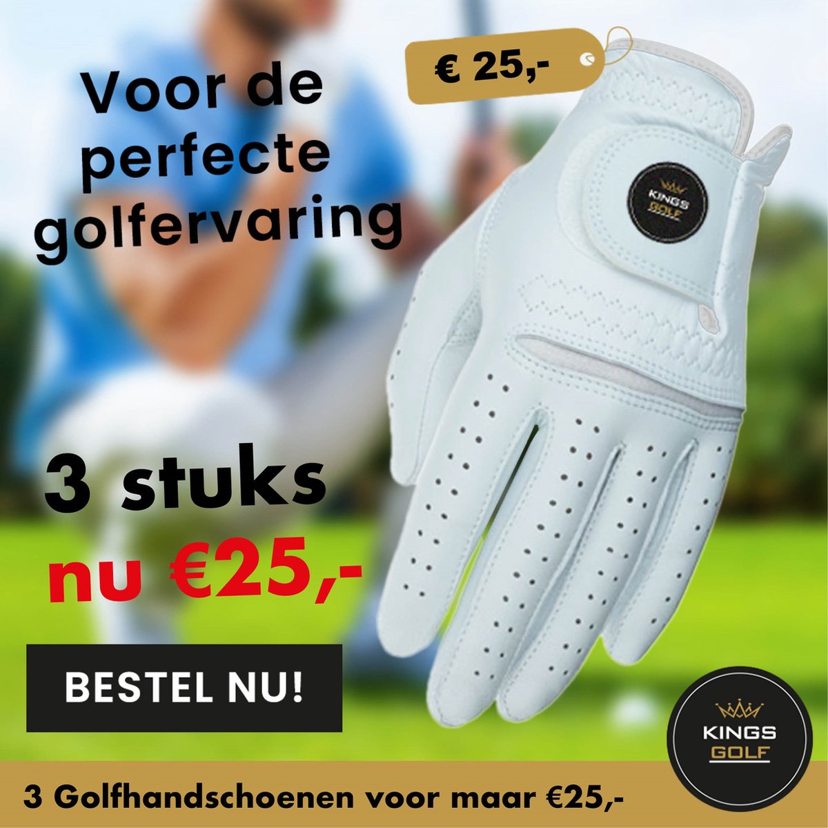 KingsGolf Golfhandschoenen Heren XXL - Set van 3 Linkerhandschoenen voor Rechtshandige Golfers - Echt Lederen Golfhandschoen met Klittenbandsluiting - Wit