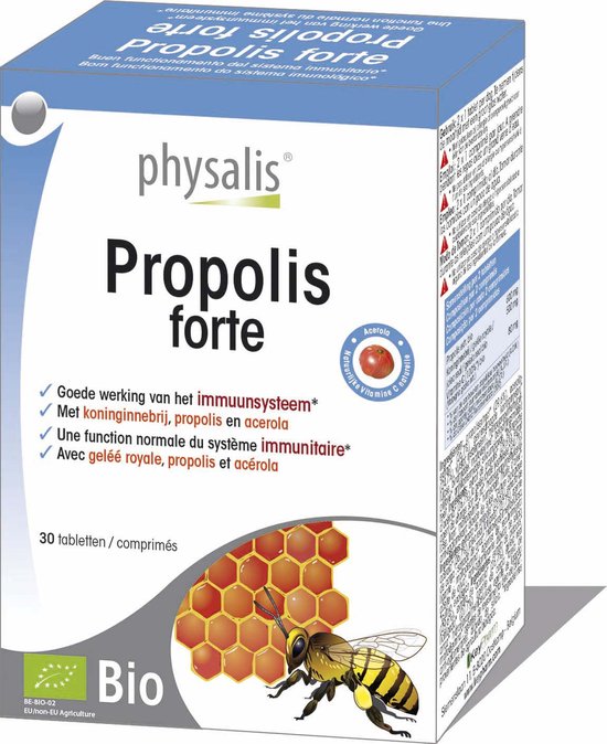 Verpakking van Physalis Propolis forte, met een imker, honingraat en tekst in het Nederlands en Frans.