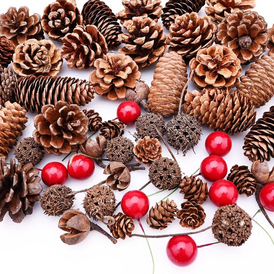 Kerst Dennenappels En Rode Berrie - 150x stuks - Natuurlijke Dennenappels Voor Diy Craft Kerstkrans Kerstboom Decoraties Kerstfeest Ornament Woondecoratie Winter Decor