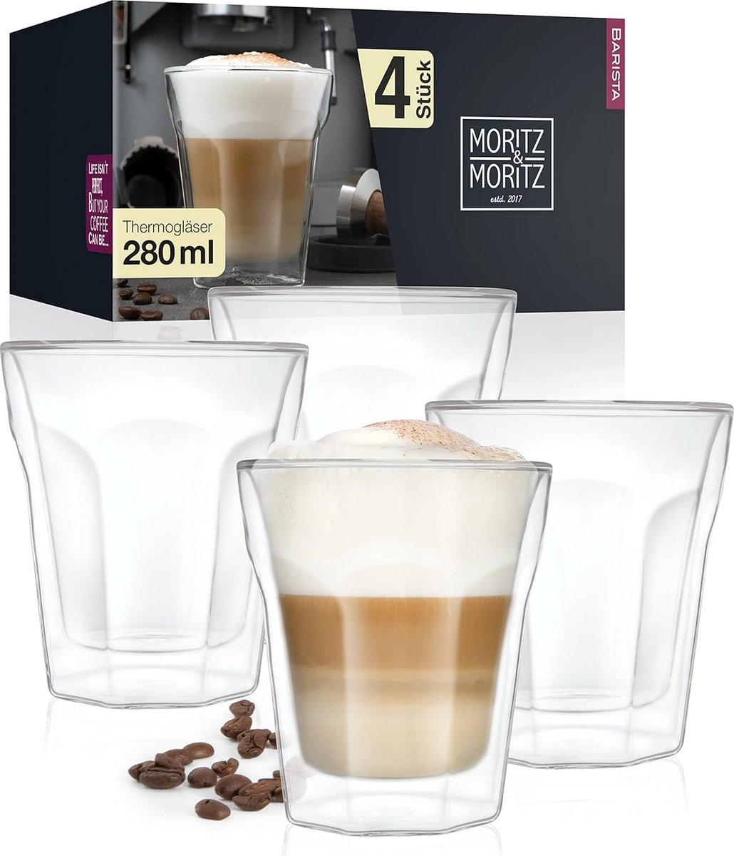 Moritz & Moritz Kelk glas 4 x 280 ml cappuccino glazen dubbelwandig 280 ml - dubbelwandige glazen voor koffie, thee of dessert - vaatwasmachinebestendig