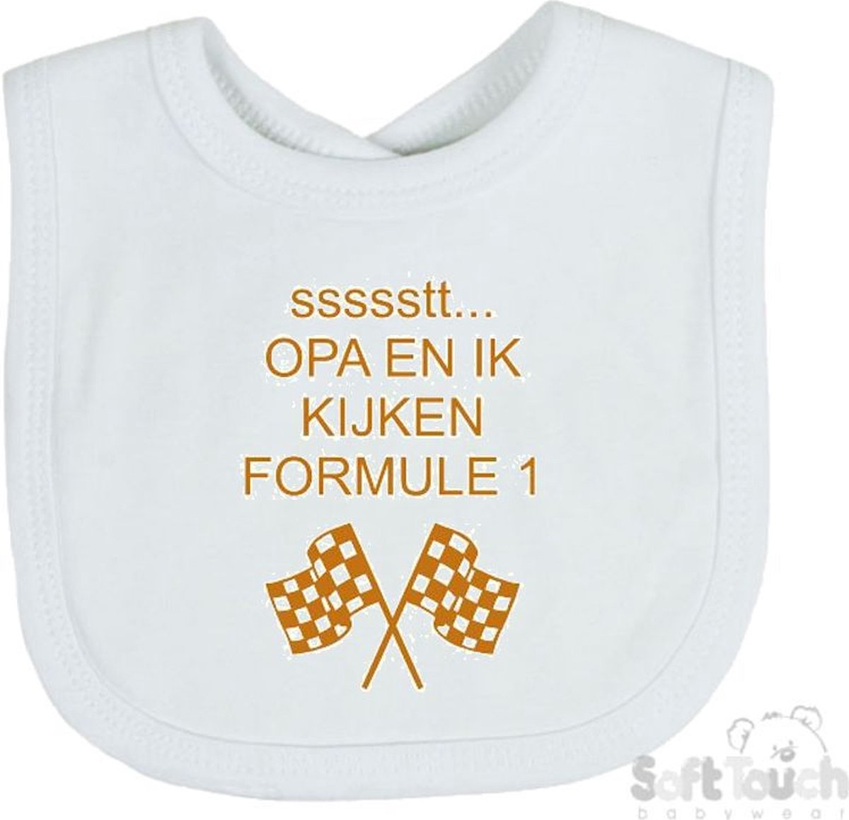 Goedkoopste Soft Touch Slabber Slabbetje Slab Opa en ik kijken Formule 1 Formule 1 33 x 22 Cm Katoen Wit/tan