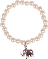 Bracelet de perles taille enfant - Perles d'imitation couleur ivoire 6mm - Pendentif éléphant argenté 1,5cm
