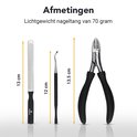 Afmetingen: nagelvijl 13 cm, vuil verwijderaar 12 cm, nagelknipper 13,5 cm. Lichtgewicht nagelknipper van 70 gram.