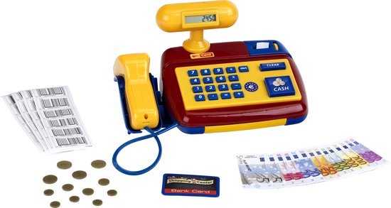 Klein Toys Elektronische kassa - echte scanner en rekenmachinefunctie - 26,5x17x14 cm - incl. gedrukte barcodes, creditcard, speelgeld en geluidseffecten - geel rood