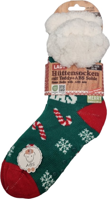Antonio Huissokken - Huissokken Kerst - Groen/Rood/Wit - Dames- Antislip ABS - One Size (38-42) - Hüttensocken - Warme Sokken - Warme Huissok - Kerstcadeau voor dames