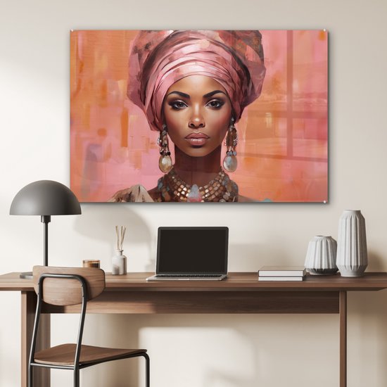 MuchoWow® Peinture sur verre 120x80 cm - Peinture sur verre acrylique - Art - Femme - Rose - Bijoux - Portrait - Photo sur verre - Décoration murale salon - Décoration murale chambre - Peintures