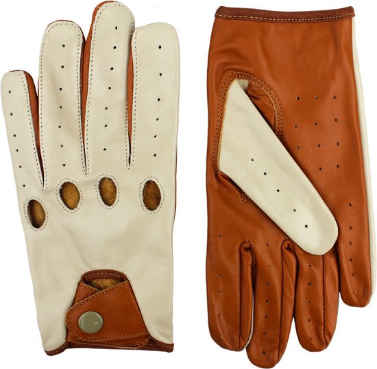 DriveLux™ Echt Lamsleren Autohandschoenen - Cognac & Beige Leren Handschoenen- Dames & Heren Maat (L: 23,5 - 26,5 cm) - Ademend en Waterbestendig - Polished Leather