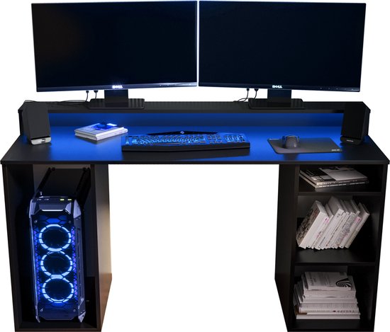 Game Bureau Gaming Desk met LED Verlichting Tafel Computer Bureau - (LxHxP): 50x90x138 cm - SHOT 1 (Zwart + Blauwe LED)
