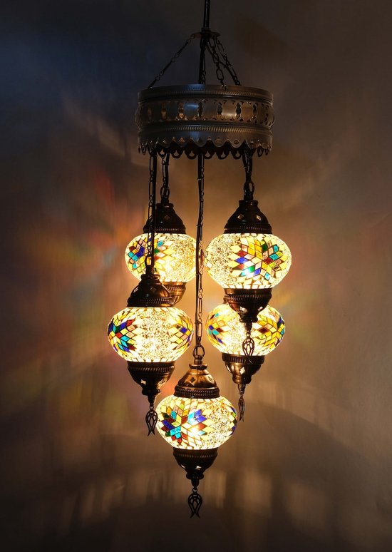 Oosterse Hanglamp met 5 Mozaïek Bollen