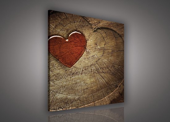 Peinture sur toile - Coeur rouge sur bois - Bois - Coeur - Amour - Décoration - Cadre inclus - 80x80cm (lxl)