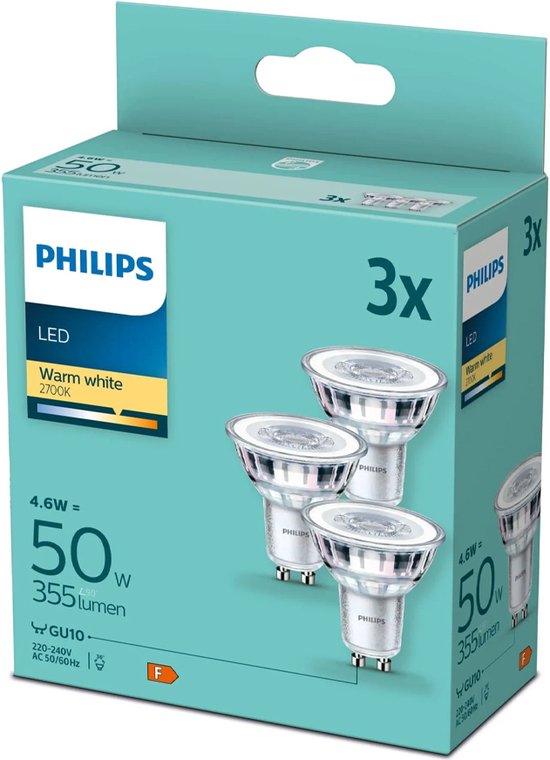 Philips LEDSpot GU10 4.6W 2700K 355lm 230V - 3-Pack - Warm Wit