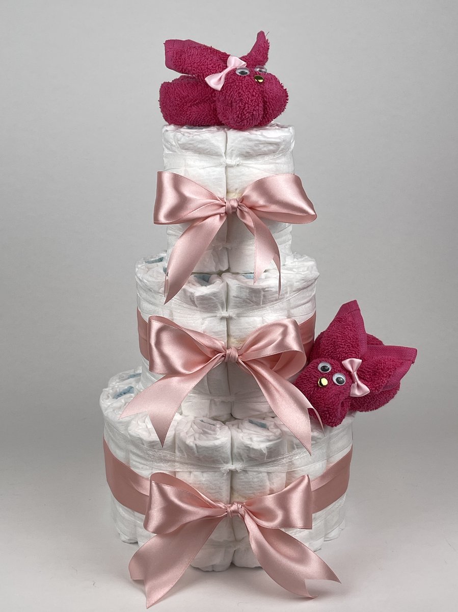 Goedkoopste Chouette-Chouette | Luiertaart Meisje | Kraamcadeau | Geboorte Meisje | Babyshower | Konijnen Fuchsia roze - donker Poeder Roze