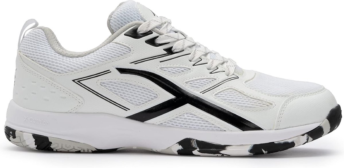 Hundred Xoom non-marking professionele badmintonschoenen voor heren | Materiaal: kunstleer | Geschikt voor indoortennis, squash, tafeltennis, basketbal en padel (zwart/wit, maat: EU 44, UK 10, US 11)