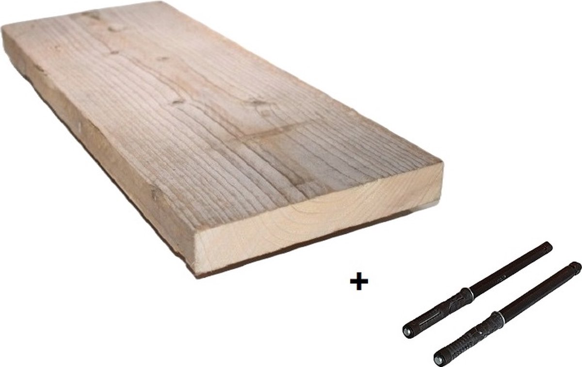 Steigerhout plank + Blinde Plankdragers | 95cm | Steigerplank (2x geschuurd) | Steigerhouten Wandplank | Steigerplanken | Landelijk | Industrieel | Loft | Hout | Plankdrager