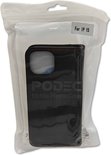 Zwart Porec mobiel telefoonhoesje "For IP 15" met oranje stiksels in plastic verpakking.
