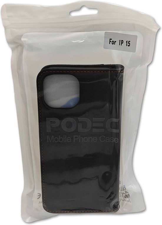 Zwart Porec mobiel telefoonhoesje "For IP 15" met oranje stiksels in plastic verpakking.