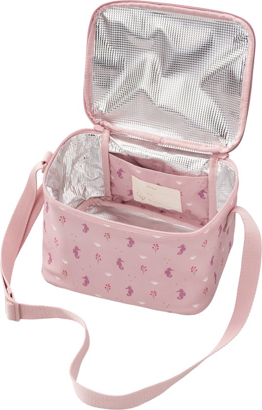 Sac isotherme rose à imprimé hippocampe, compartiments intérieurs et étiquette nom. Intérieur isolé noir.