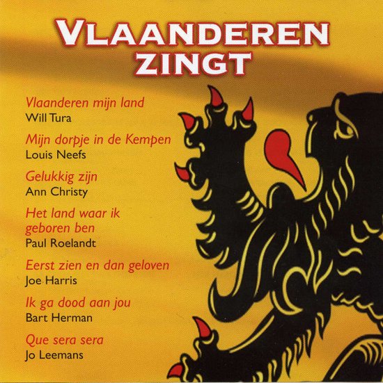 CD hoes met de titel 'Vlaanderen Zingt' en een leeuw met rode nagels, met liedjeslijst.