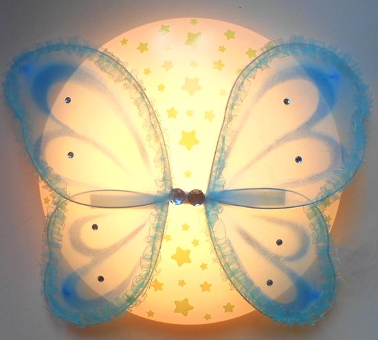 Plafonnier Funnylight avec un magnifique papillon en organza bleu et des étoiles qui brillent dans le noir