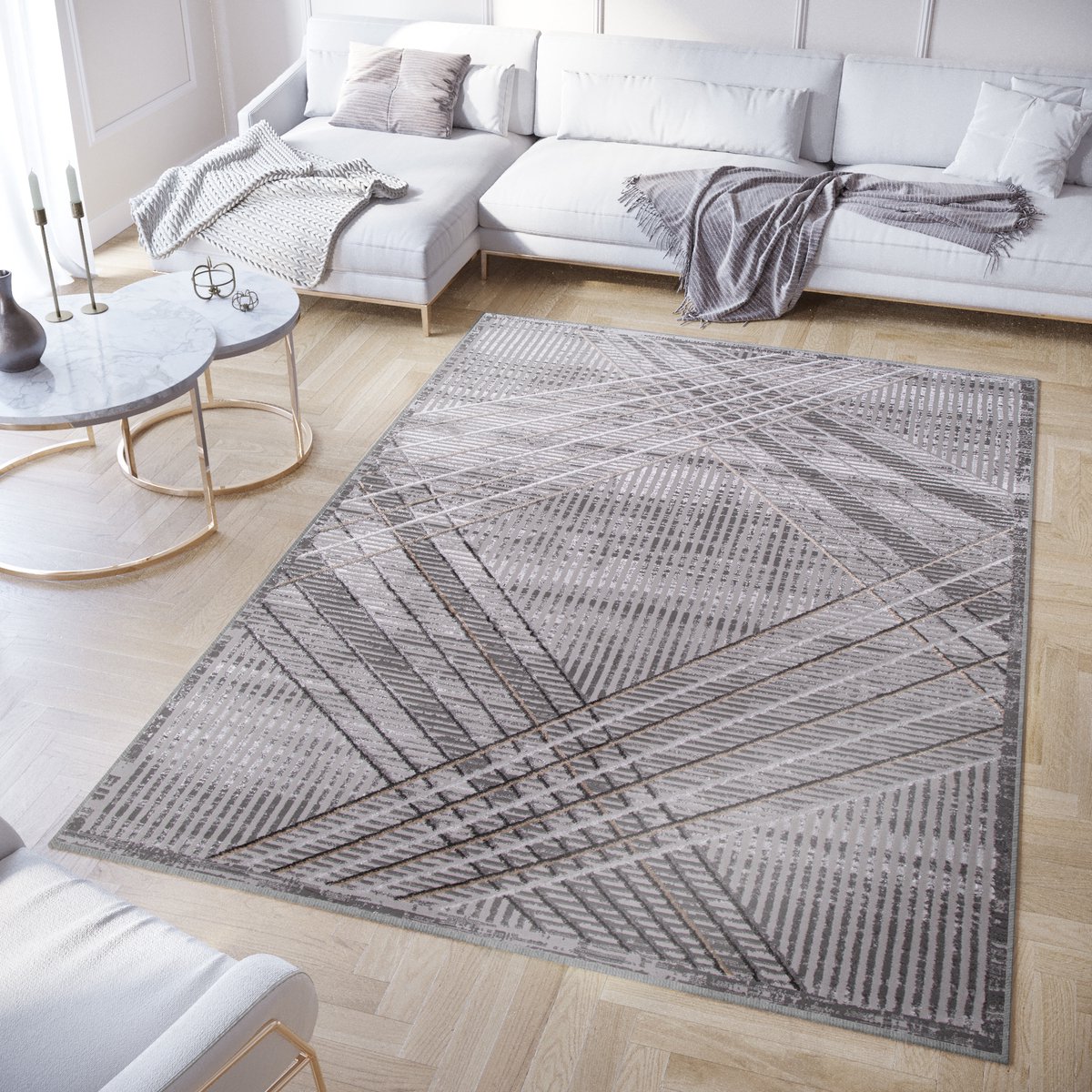 Tapiso Crystal Vloerkleed Donkergrijs Lijnen 3D Effect Tapijt Maat- 80x150