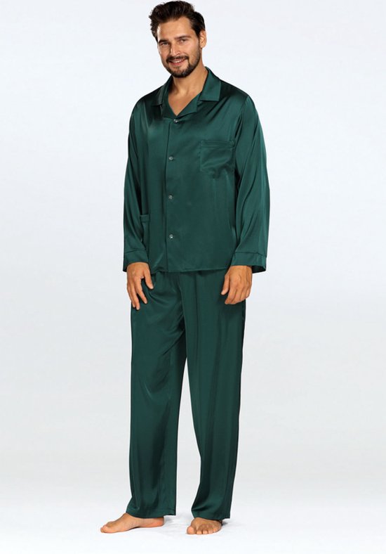 Elegante satijnen herenpyjama | Pyjama Heren Volwassenen | Knoopsluiting | DKaren Noah | Lange Mouw Lange Broek | Kwaliteit satijn | groen | M