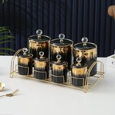 Kruidenpotten - Voorraadpotten - Opslagpotten - Decoratie potten - Specerijen set - Zwart met Goud - 40 X 22 - Porseleinen potten met deksel - Porselein kruidenpotjes - Decoratieve potten