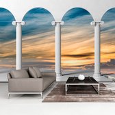 Fotobehangkoning - Behang - Vliesbehang - Fotobehang Uitzicht op de Wolken door de Pilaren 3D - 400 x 280 cm