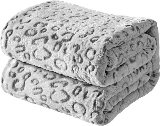 Leopard print fleece deken - 130 x 150 cm - Grijs - Extra zachte deken, plaid, sprei - Flanellen